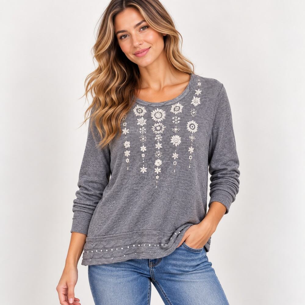Embroidered Beaded Floral Sweater Women's Size LP Gray Sunflowers Casual Cozy